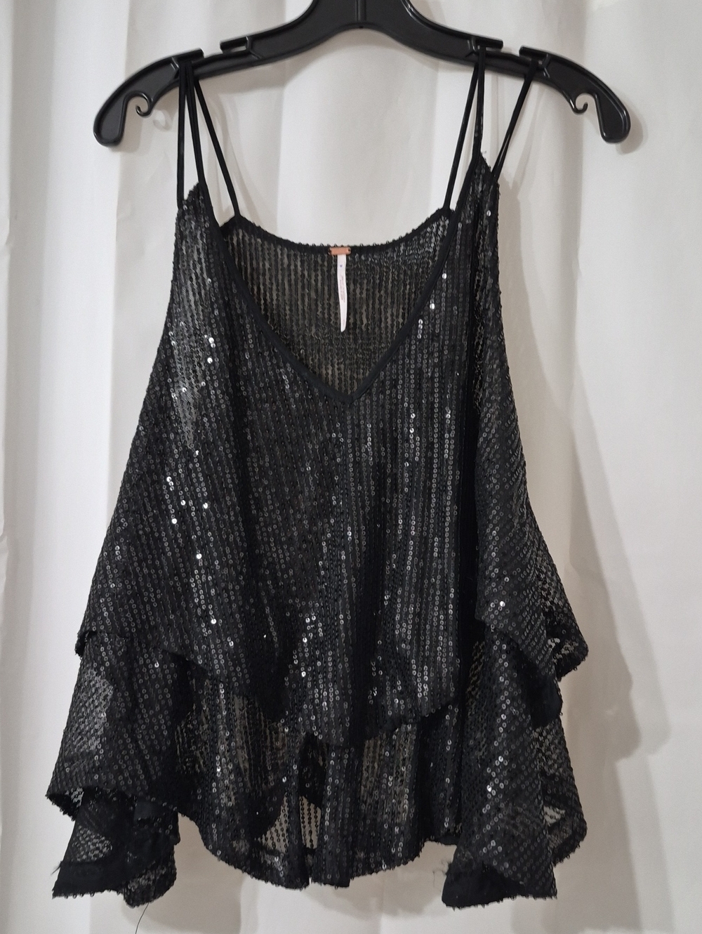 Free People Sequin Layered Camisole Tank Black Strappy Boho Sz S